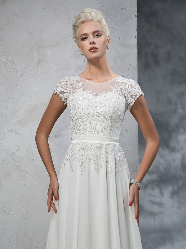 A-Line Chiffon Short Sleeve Applique Mini Wedding Dress - Chloe Dress