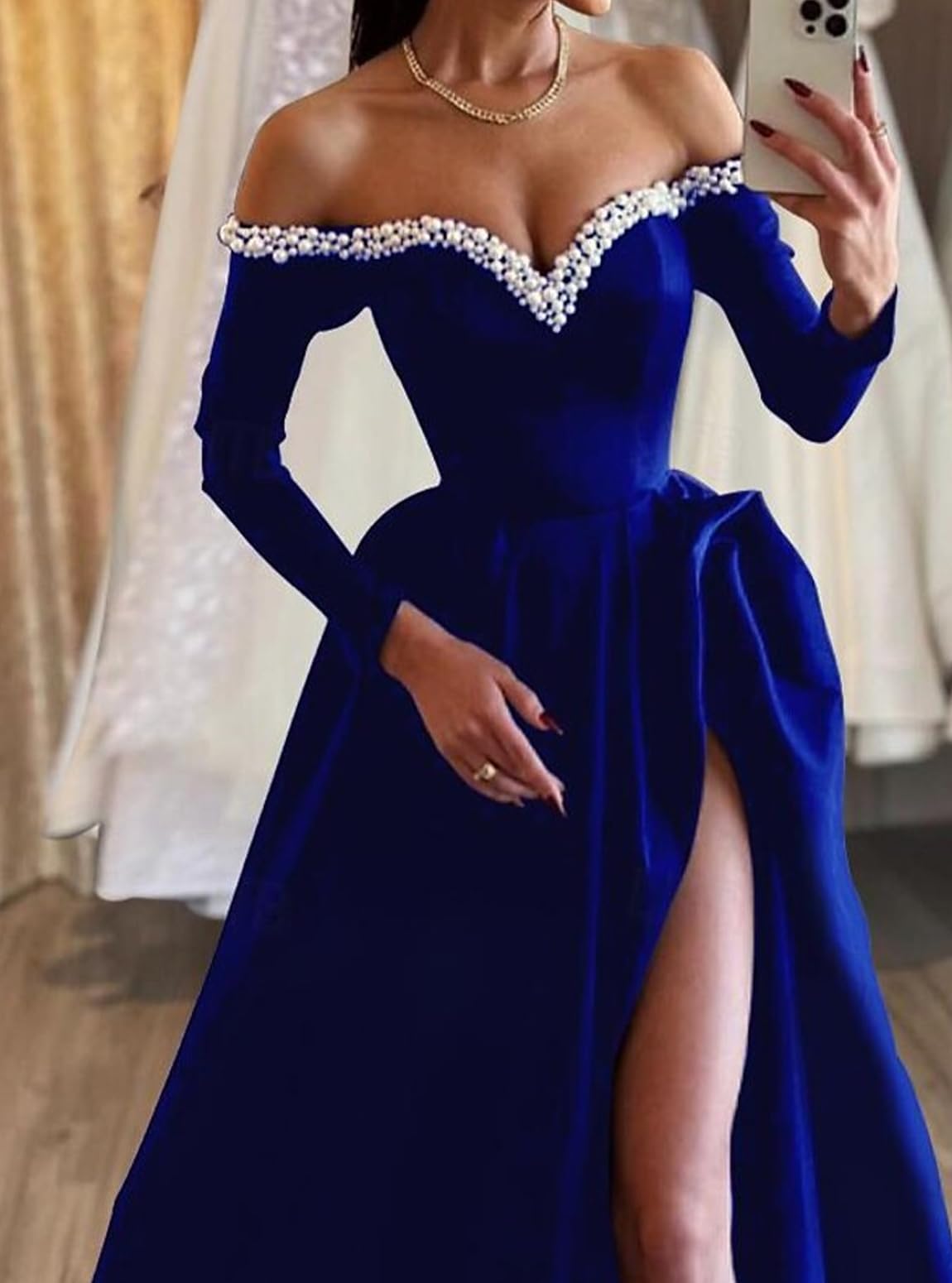 A-Line Off-Shoulder Satin Long Sleeve High Slit Evening Dress - Chloe Dress