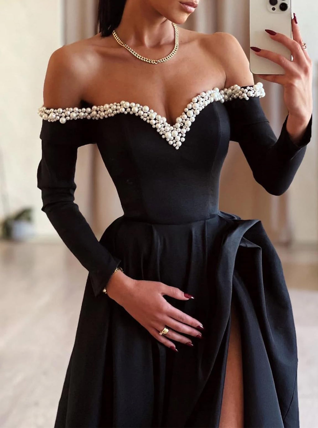 A-Line Off-Shoulder Satin Long Sleeve High Slit Evening Dress - Chloe Dress