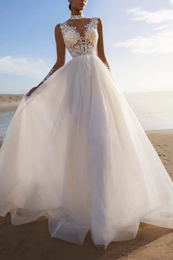 A-Line Illusion Lace Long Sleeve Wedding Dress - Chloe Dress