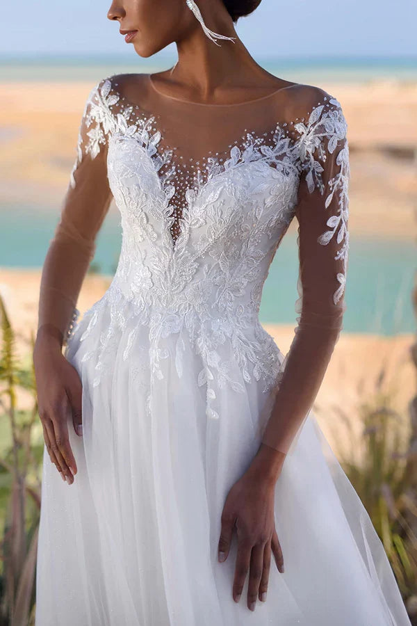 A-Line Illusion Lace Long Sleeve Wedding Dress - Chloe Dress