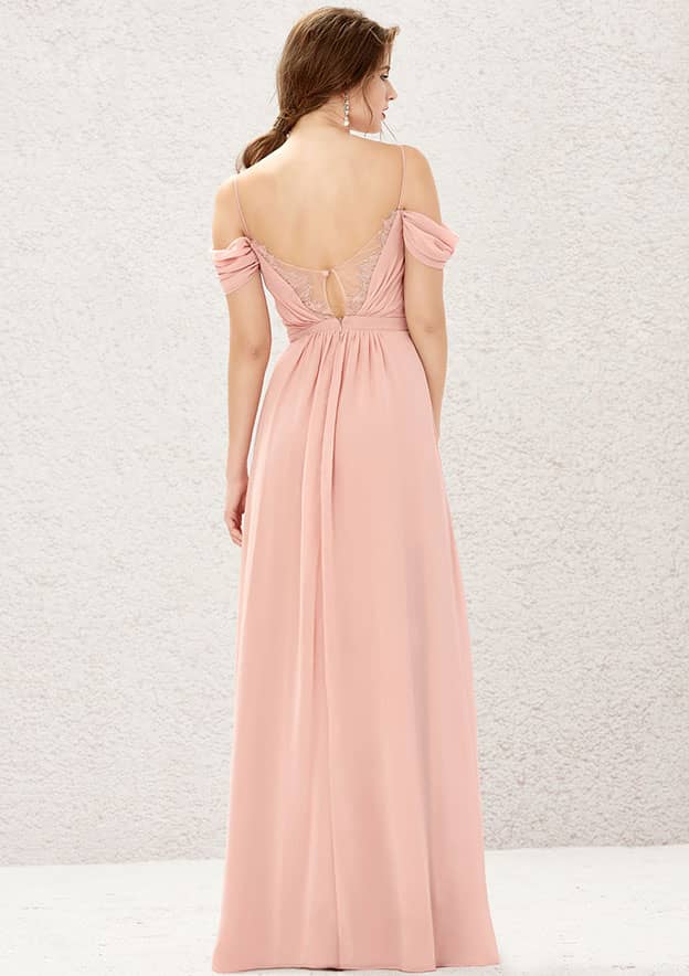 Dusty Pink Off‑Shoulder Chiffon Lace Back Long Bridesmaid Dresses