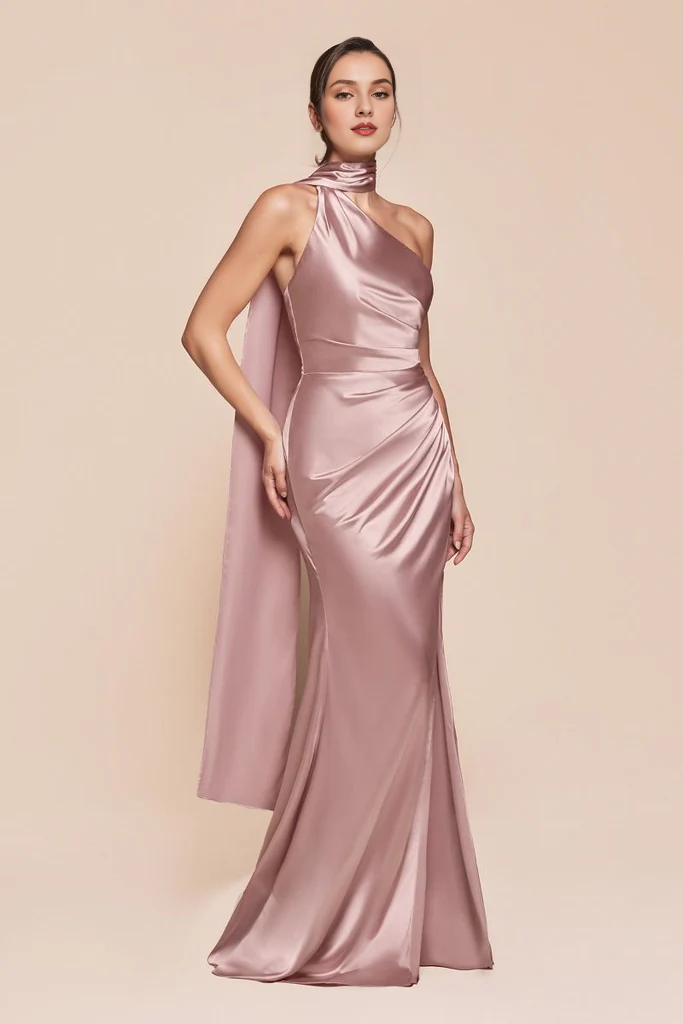 One-Shoulder Satin Floor-Length Evening Gown - Chloe Dress