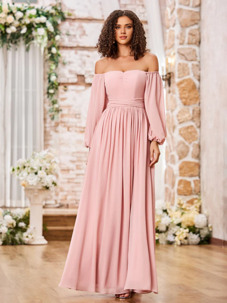A-Line Off-Shoulder Chiffon High Slit Floor-Length Wedding Dress - Chloe Dress
