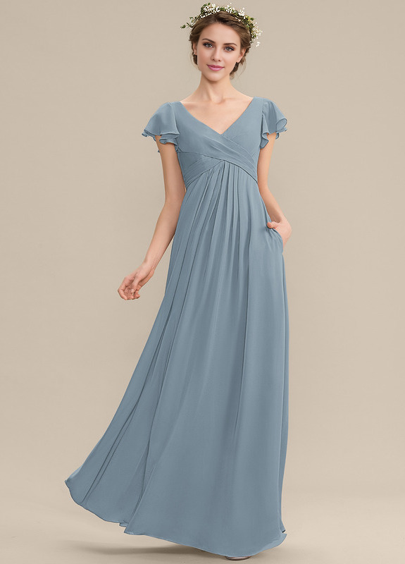 A-Line V-Neck Chiffon Ruffled Floor-Length Wedding Dress - Chloe Dress