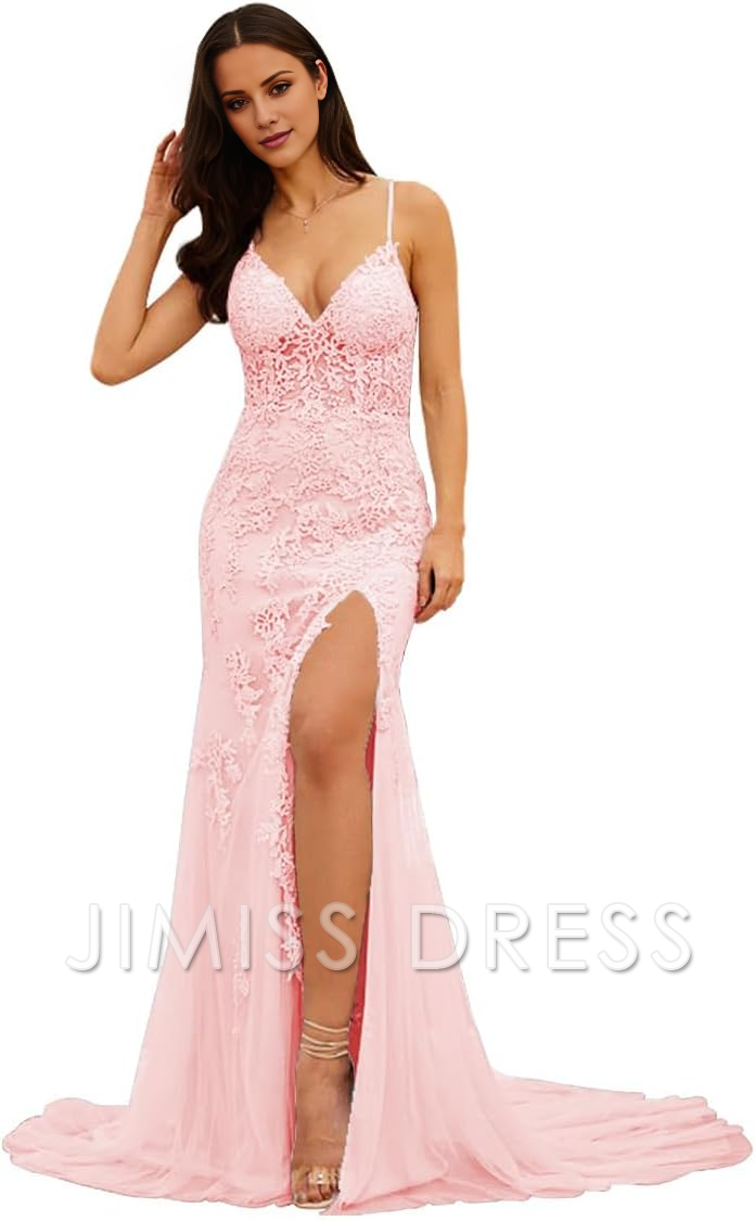 Mermaid Chiffon Lace-Up Back Applique Evening Dress - Chloe Dress