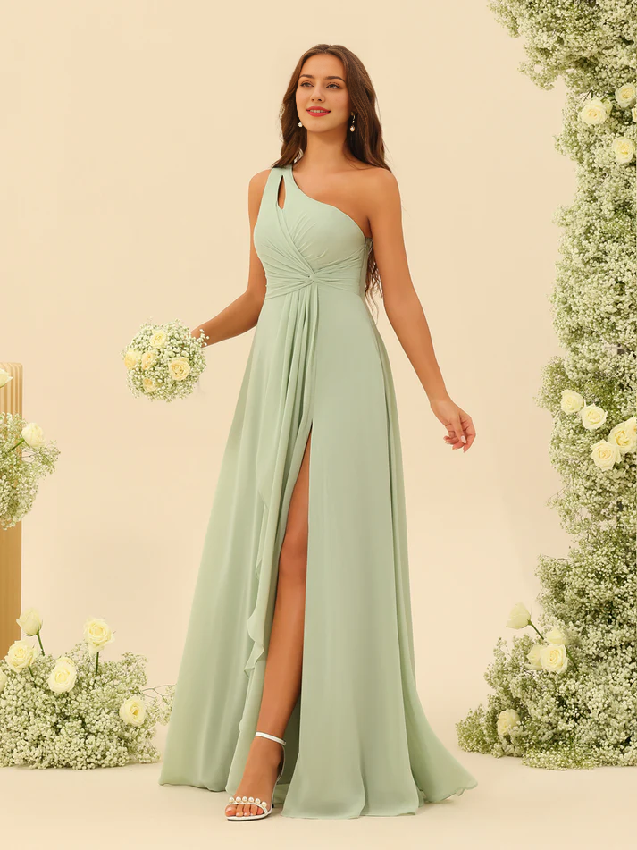A-Line One-Shoulder Chiffon High Slit Floor-Length Wedding Dress - Chloe Dress
