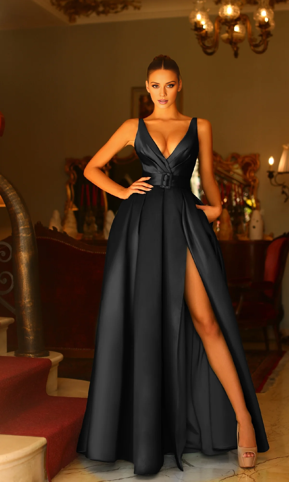 A-Line V-Neck High Slit Floor-Length Evening Dress - Chloe Dress