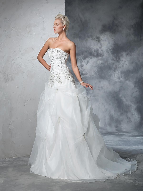 Ball Gown Strapless Organza Sleeveless Beaded Wedding Gown - Chloe Dress