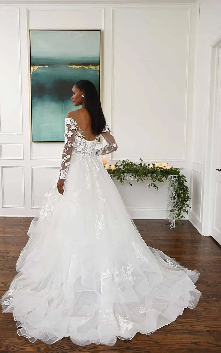 A-Line V-Neck Tulle Long Sleeve Train Wedding Dress - Chloe Dress