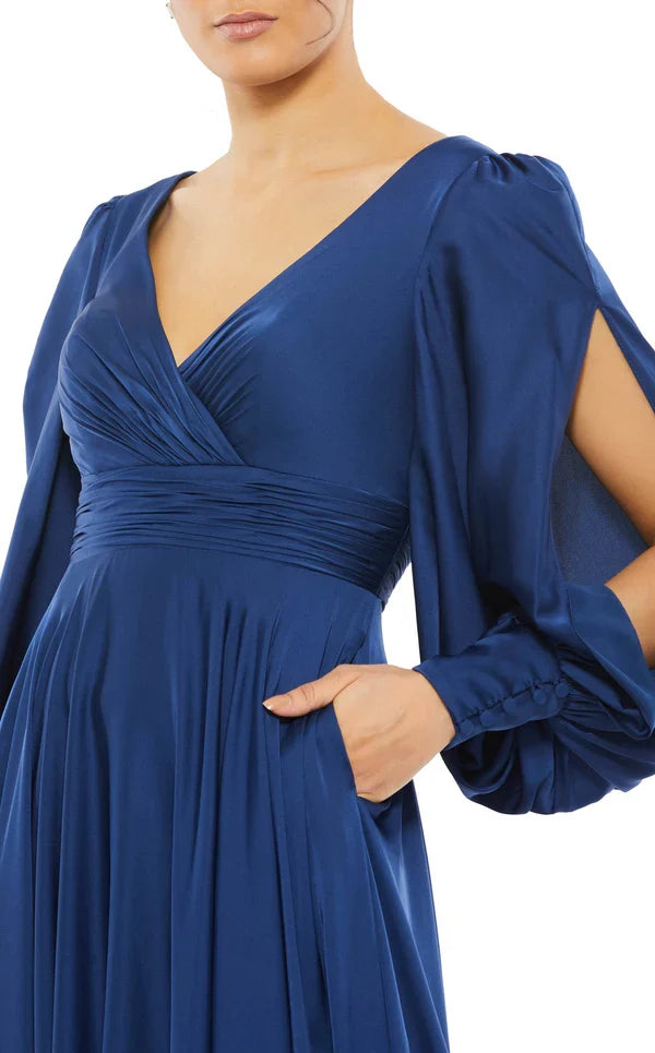A-Line V-Neck Satin Long Sleeve Zipper Back Floor-Length Prom Dress - Chloe Dress