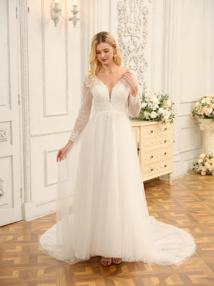 A-Line V-Neck Lace Long Sleeve Applique Wedding Dress - Chloe Dress