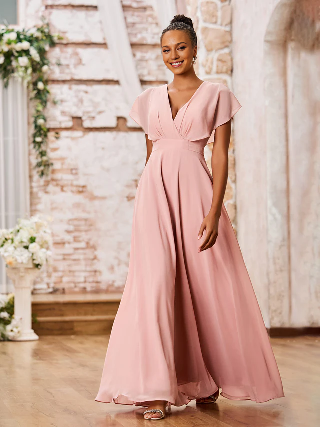 A-Line V-Neck Chiffon Floor-Length Wedding Dress - Chloe Dress