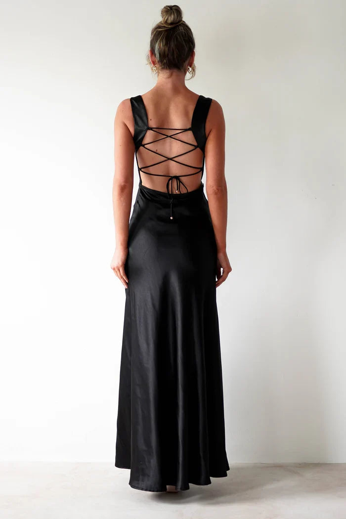 Square Neck Satin Sleeveless Lace-Up Back High Slit Floor-Length Prom Dress - Chloe Dress