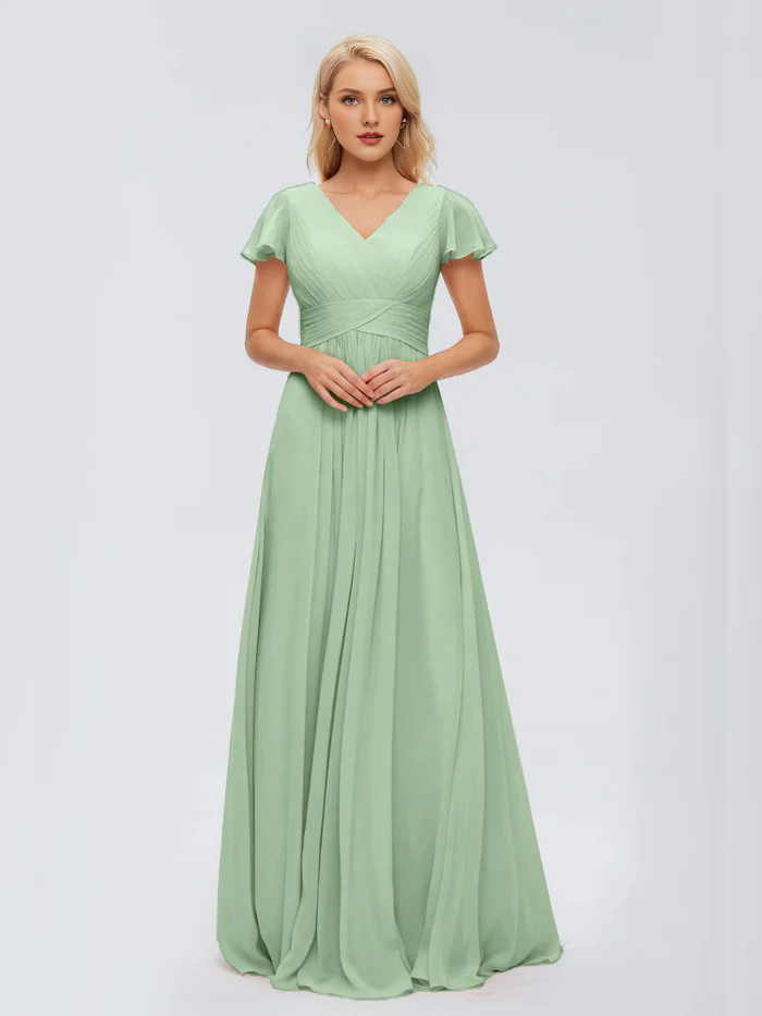 A-Line V-Neck Chiffon Floor-Length Wedding Dress - Chloe Dress