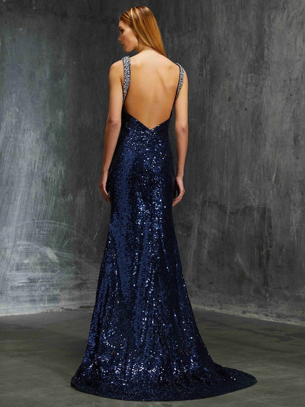 Sheath V-Neck Sequin Sleeveless Train Dress - Chloe Dress