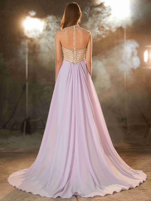 A-Line High Neck Chiffon Sleeveless Train Dress - Chloe Dress