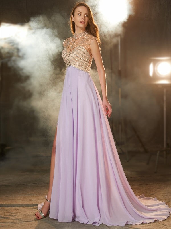 A-Line High Neck Chiffon Sleeveless Train Dress - Chloe Dress