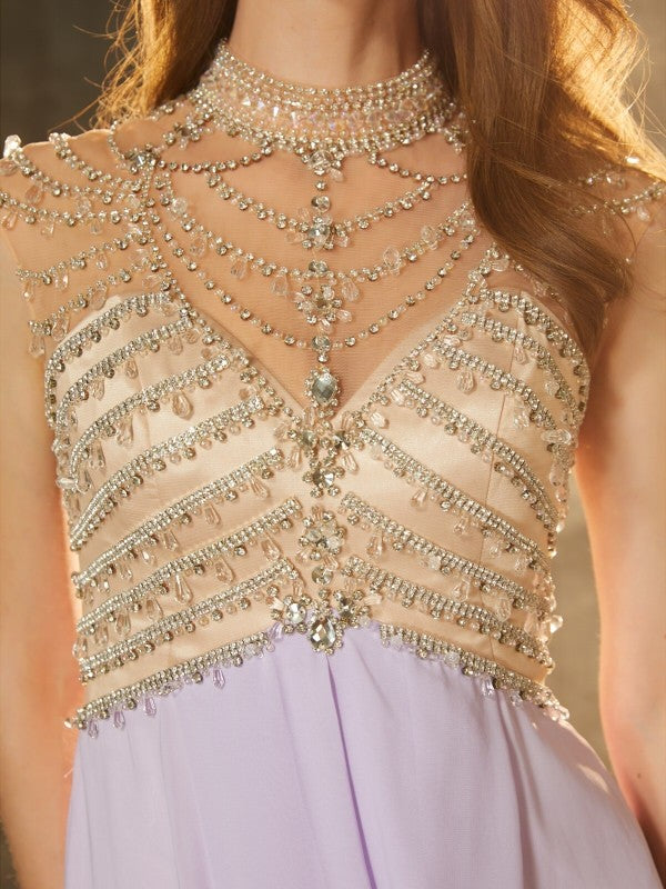 A-Line High Neck Chiffon Sleeveless Train Dress - Chloe Dress
