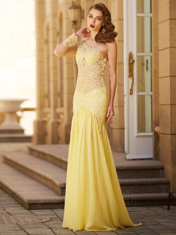 Sheath One-Shoulder Chiffon Long Sleeve Train Dress - Chloe Dress