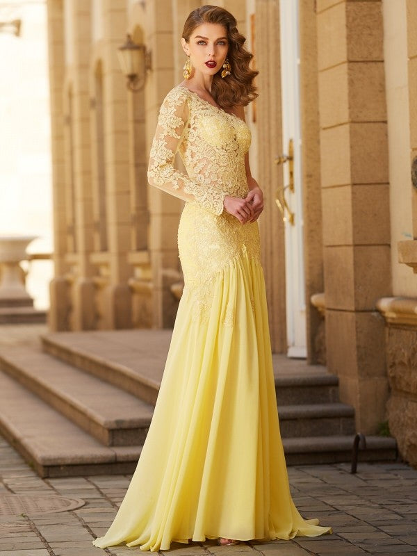 Sheath One-Shoulder Chiffon Long Sleeve Train Dress - Chloe Dress