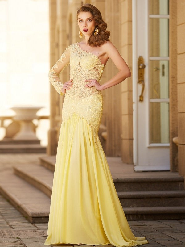 Sheath One-Shoulder Chiffon Long Sleeve Train Dress - Chloe Dress