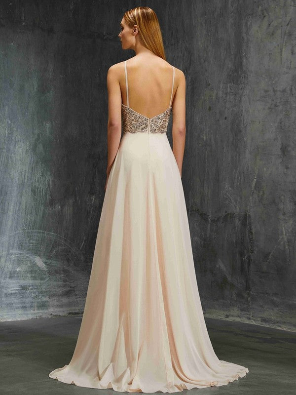 A-Line Spaghetti Strap Chiffon Sleeveless Train Dress - Chloe Dress