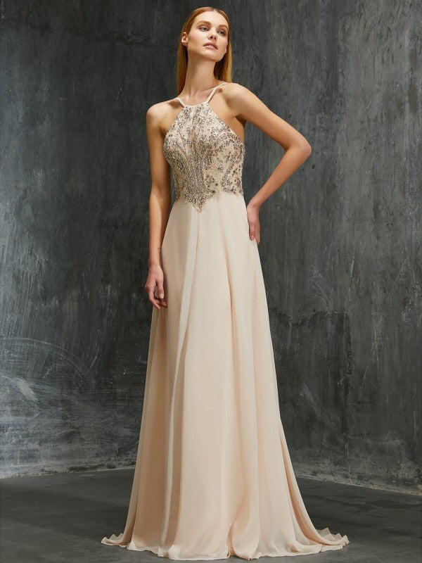 A-Line Spaghetti Strap Chiffon Sleeveless Train Dress - Chloe Dress