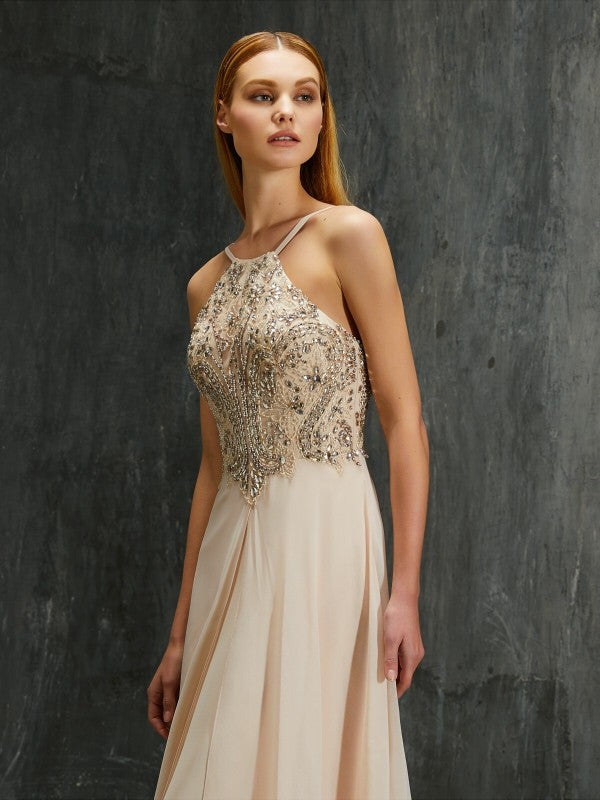 A-Line Spaghetti Strap Chiffon Sleeveless Train Dress - Chloe Dress