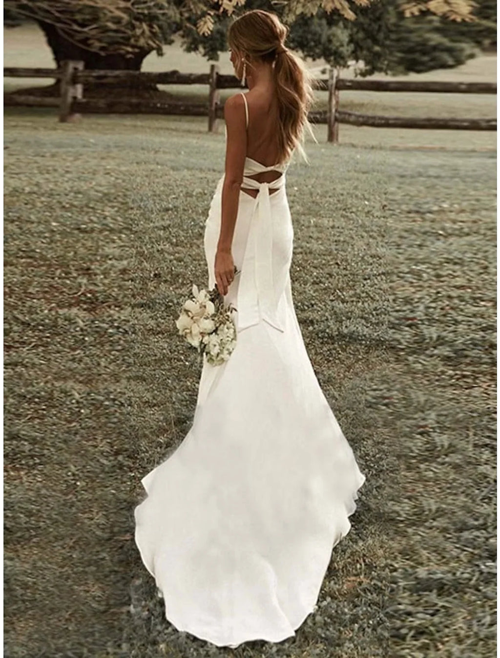 White Spaghetti Strap Slit Mermaid Satin Wedding Dresses