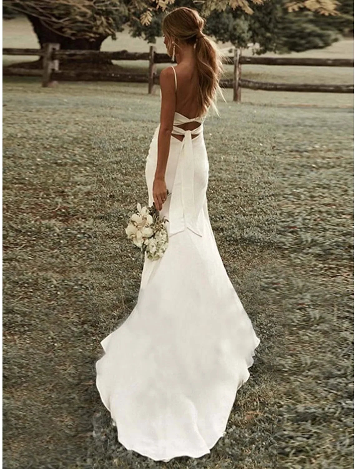 White Spaghetti Strap Slit Mermaid Satin Wedding Dresses