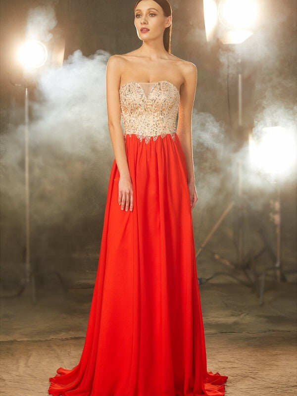 A-Line Strapless Chiffon Sleeveless Train Dress - Chloe Dress