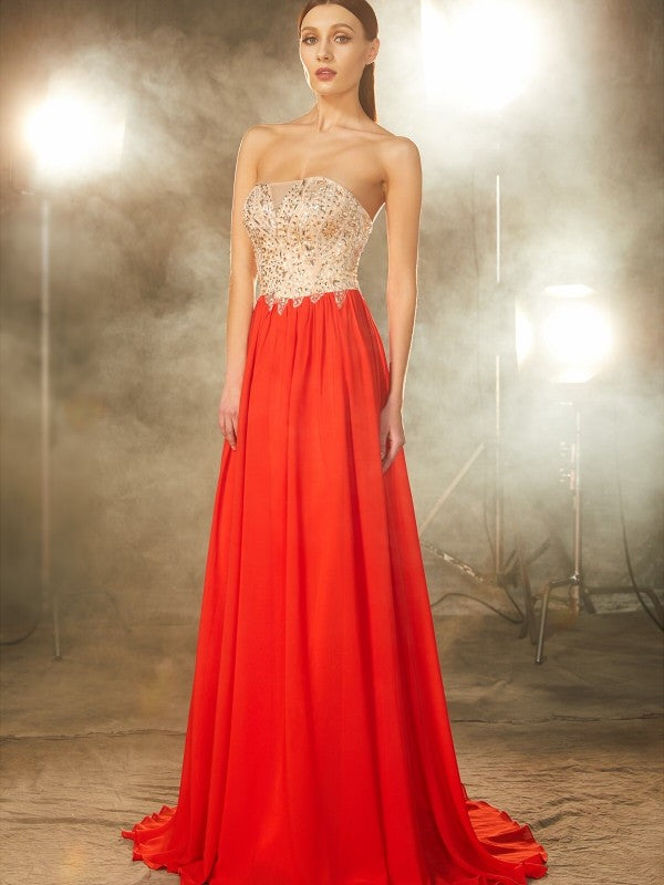 A-Line Strapless Chiffon Sleeveless Train Dress - Chloe Dress