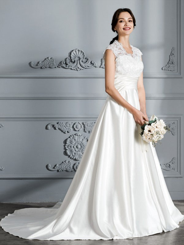 Ball Gown V-Neck Satin Sleeveless Train Wedding Gown - Chloe Dress