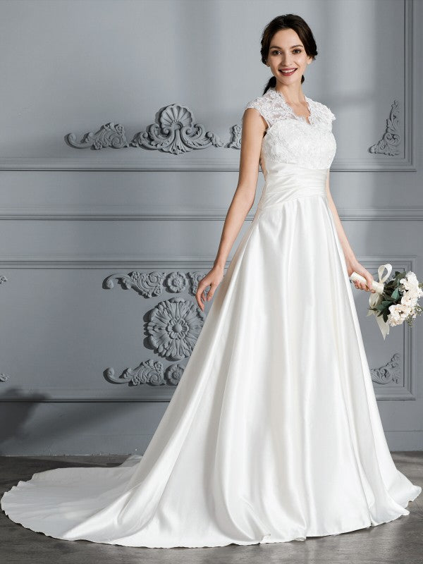 Ball Gown V-Neck Satin Sleeveless Train Wedding Gown - Chloe Dress
