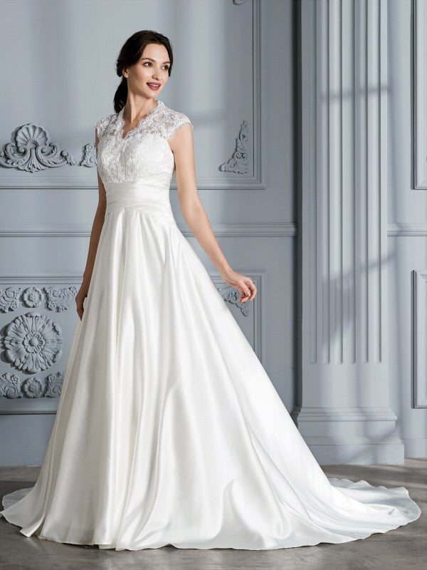 Ball Gown V-Neck Satin Sleeveless Train Wedding Gown - Chloe Dress