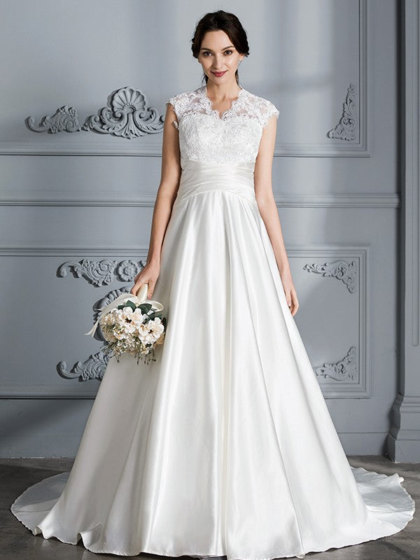 Ball Gown V-Neck Satin Sleeveless Train Wedding Gown - Chloe Dress