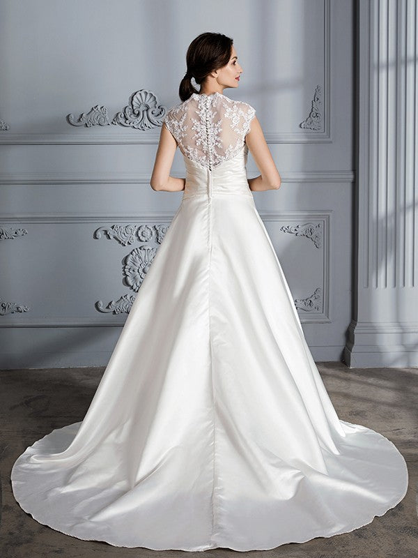 Ball Gown V-Neck Satin Sleeveless Train Wedding Gown - Chloe Dress