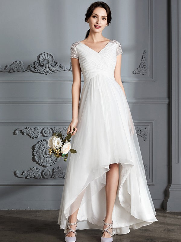 A-Line V-Neck Tulle Short Sleeve Asymmetric Mini Wedding Dress - Chloe Dress