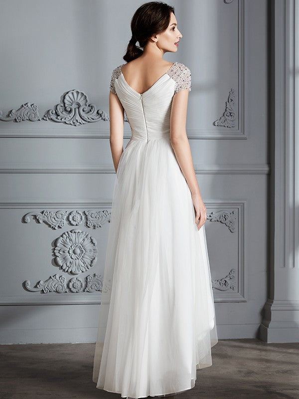 A-Line V-Neck Tulle Short Sleeve Asymmetric Mini Wedding Dress - Chloe Dress