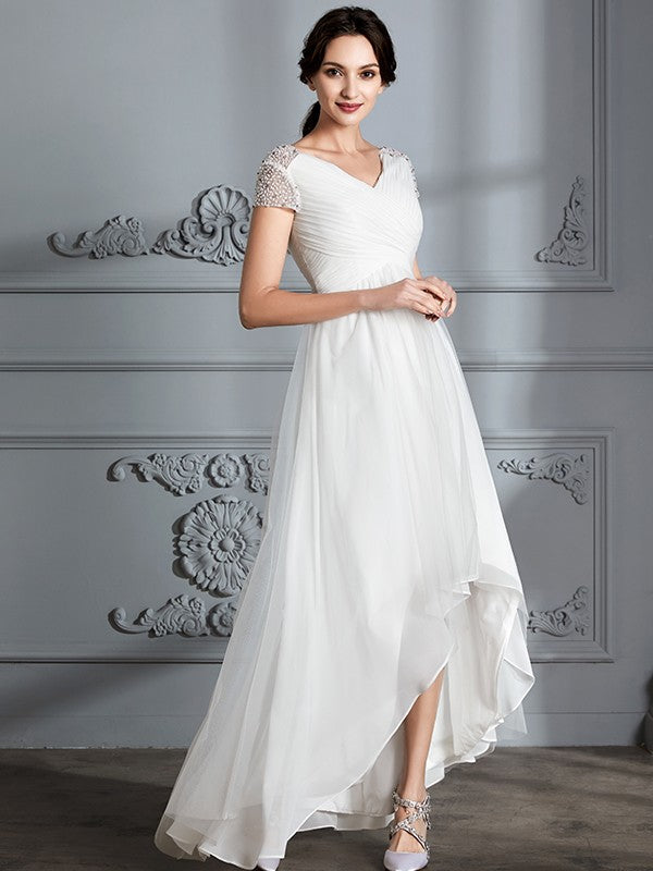 A-Line V-Neck Tulle Short Sleeve Asymmetric Mini Wedding Dress - Chloe Dress