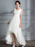 A-Line V-Neck Tulle Short Sleeve Asymmetric Mini Wedding Dress - Chloe Dress
