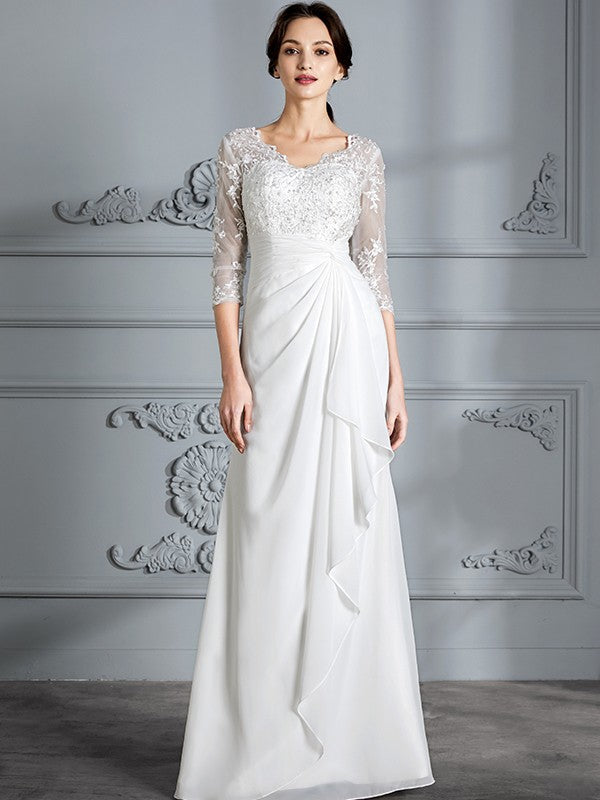 Sheath V-Neck Chiffon Three-Quarter Sleeve Floor-Length Wedding Dress - Chloe Dress