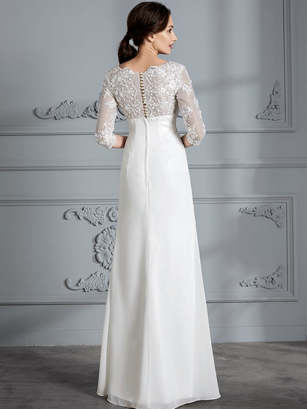 Sheath V-Neck Chiffon Three-Quarter Sleeve Floor-Length Wedding Dress - Chloe Dress