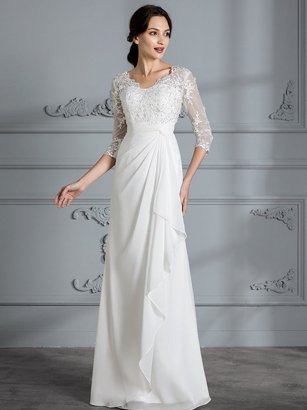 Sheath V-Neck Chiffon Three-Quarter Sleeve Floor-Length Wedding Dress - Chloe Dress