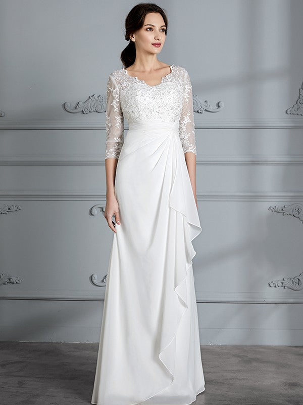 Sheath V-Neck Chiffon Three-Quarter Sleeve Floor-Length Wedding Dress - Chloe Dress