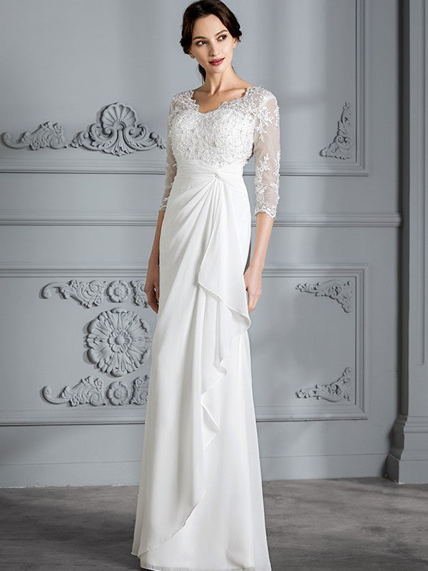 Sheath V-Neck Chiffon Three-Quarter Sleeve Floor-Length Wedding Dress - Chloe Dress