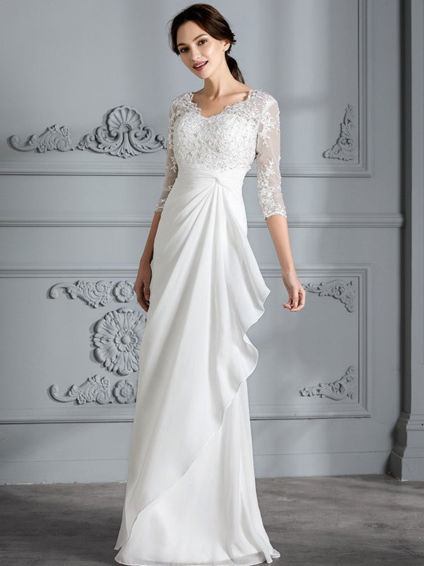 Sheath V-Neck Chiffon Three-Quarter Sleeve Floor-Length Wedding Dress - Chloe Dress
