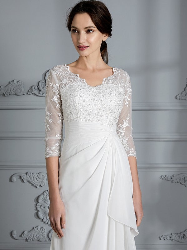 Sheath V-Neck Chiffon Three-Quarter Sleeve Floor-Length Wedding Dress - Chloe Dress