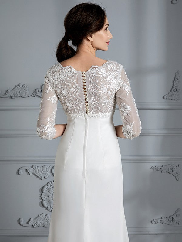 Sheath V-Neck Chiffon Three-Quarter Sleeve Floor-Length Wedding Dress - Chloe Dress